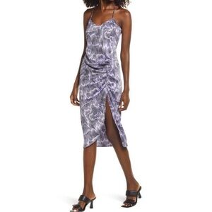 Open Edit Strappy Ruched Side Slit Printed Satin Midi Dress Purple Size Small